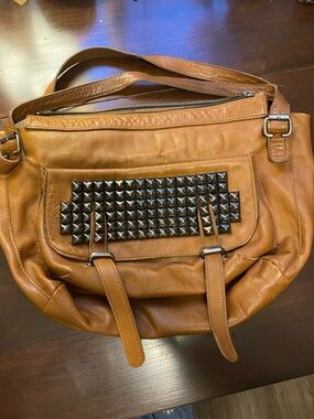 Stud-Accent Tan Leather Shoulder Bag